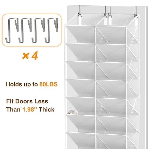 UVIAHOMI 20-30 Pairs Over the Door Shoe Organizer, Clear Pockets Hanging Shoe Storage for Closet, 10-Tier Door Shoes Rack, Handing Shoes Holder Fit All the Family's Sneakers, Boots, Heels, White thumbnail 8
