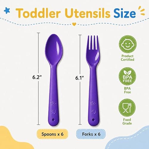 Muulaii 12 Pcs Kids Forks and Spoons, Plastic Kids Utensils Set, Purple | BPA free, Dishwasher Safe, PP Material, Brightly Colored, Easy to Grip, Sized for School Lunch Box, Fits from 2 Years Old thumbnail 3