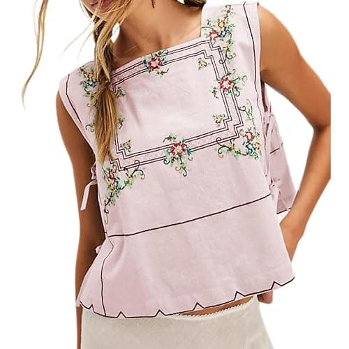 Keliholiyu Embroidery Flower Tank Tops for Women Y2K Sleeveless Square Neck Tie Up Cropped Vest Summer Chic Going Out Blouse - Image 1