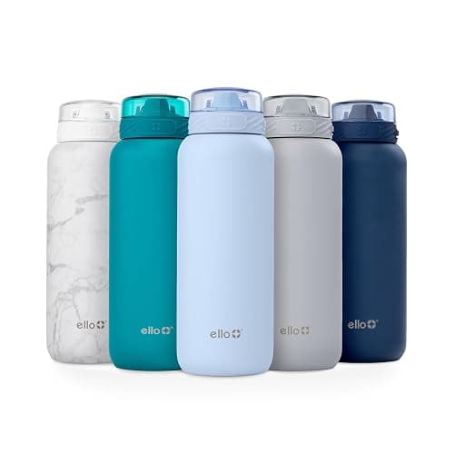 Ello Cooper 40oz Stainless Steel Water Bottle with Straw and Carry Handle, Double Walled and Vacuum Insulated Metal, Leak Proof Locking Lid with Soft Silicone Spout, Reusable, BPA Free, Halogen Blue - Image 1