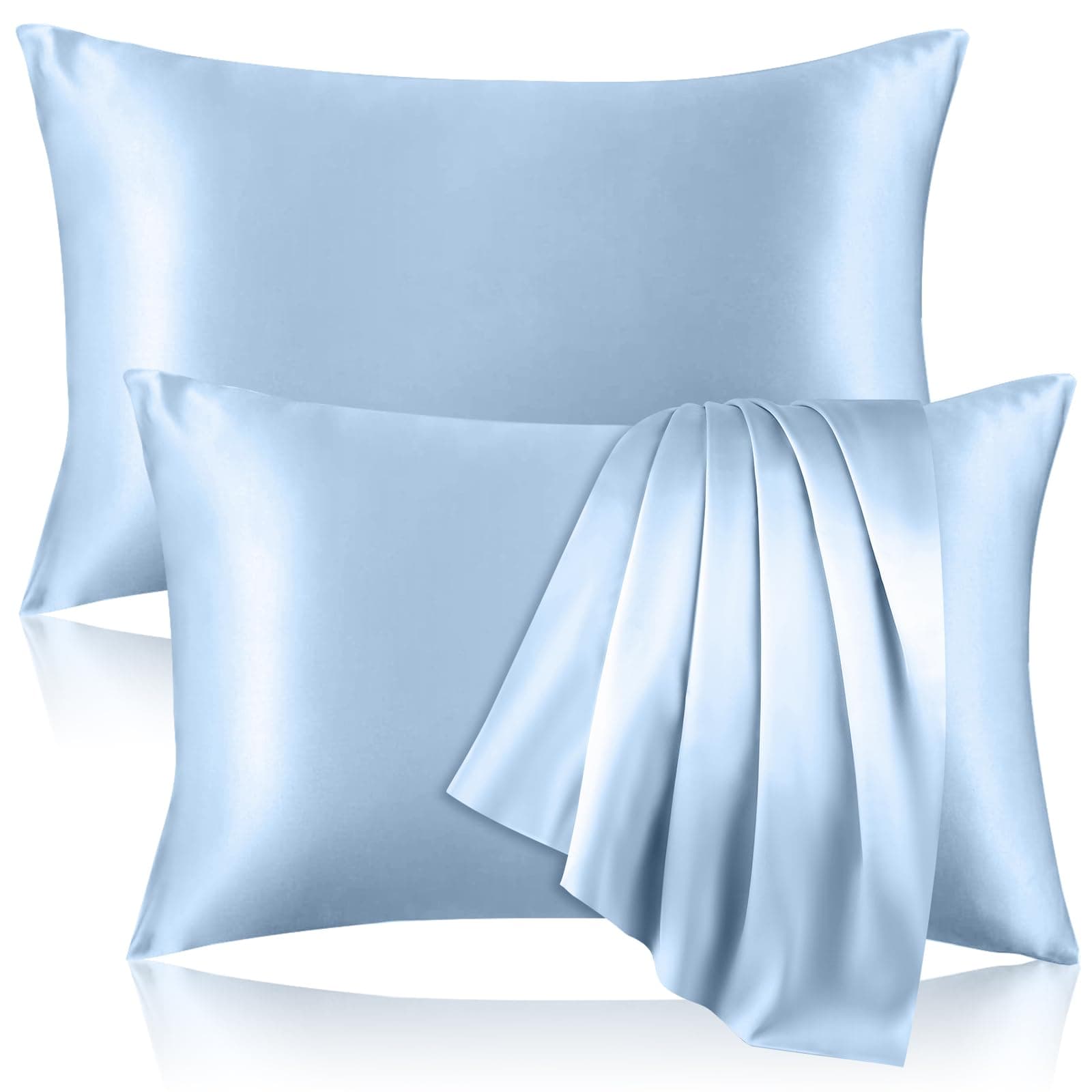 Kinself 100% Pure Silk Pillowcase for Hair and Skin, Both Sides Mulberry Silk Pillowcases with Hidden Zipper, Cooling Pillowcase 19 Momme, 600 Thread Silk Pillow Cases Standard Size, 2PCS, Light Blue - Image 1