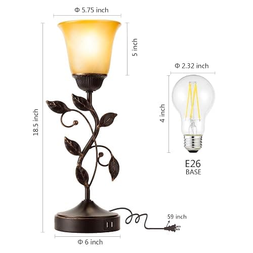 Touch Control Leaf Vintage Table Lamp with 3-Way Dimmable 2 USB C+A Ports | Bedside Nightstand Lamps, Amber Glass Shade Rural Leaf Lamp for Living Room Bedroom Dresser Home Decor, LED Bulb Included thumbnail 6