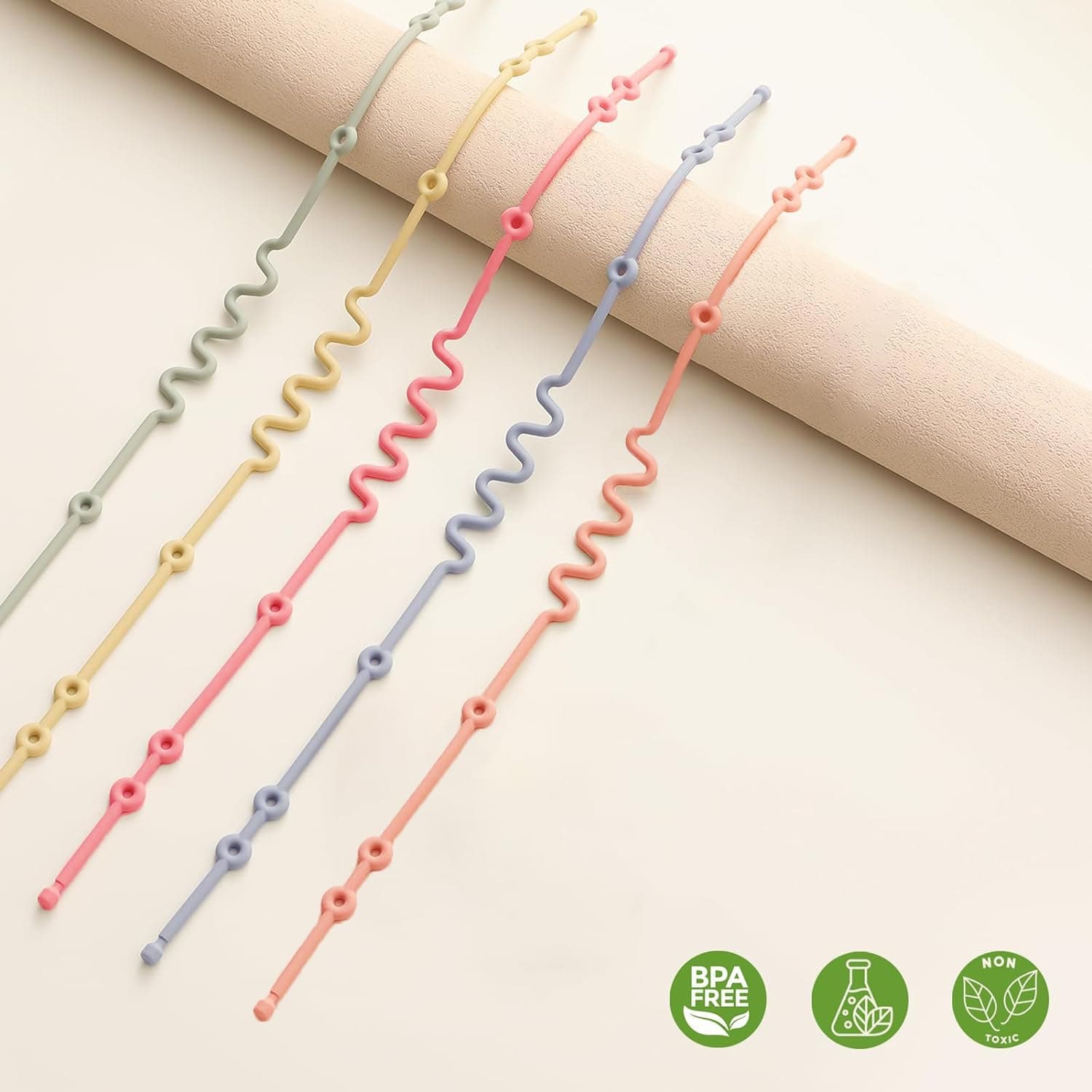 Silicone Toy Straps for Baby Stroller - 5 Pack Adjustable Toy Safety Straps for Baby Pacifier Teether - Sippy Cup Straps for Strollers, High Chair, Cribs, Car Seat, Bags - BPA Free, Multi Colors thumbnail 2