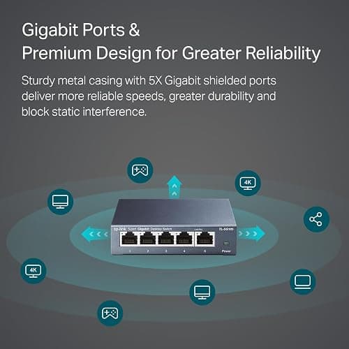 TP-Link TL-SG105, 5 Port Gigabit Unmanaged Ethernet Switch, Network Hub, Ethernet Splitter, Plug & Play, Fanless Metal Design, Shielded Ports, Traffic Optimization,Navy Blue - 5 Port thumbnail 2
