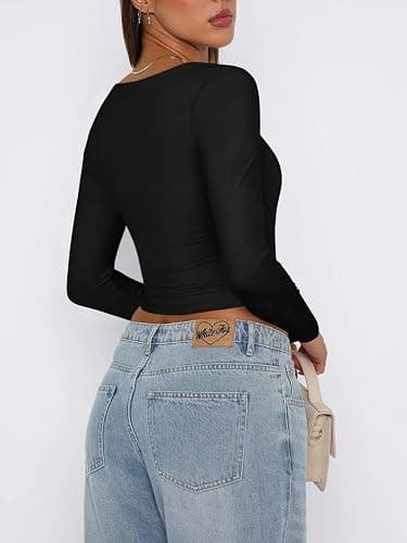 INFITTY Crop Tops for Women Basic Long Sleeve Y2k Tops Scoop Neck Slim Fitted T-Shirts thumbnail 2