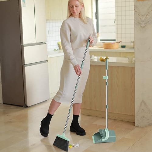 Broom and Dustpan Set for Home, Dust pan with Long Handle, Broom with Dustpan Combo Set, for Home Kitchen Room Office Lobby Floor Use Upright Stand Up Sweeping (Gray&Green) thumbnail 7