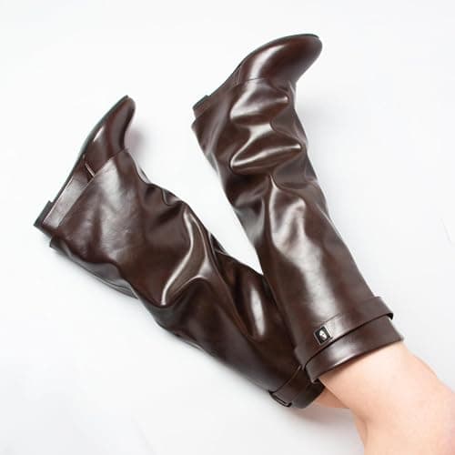 GOGD Fold Over Boots for Women Knee High Shark Boots Wedge Heel Flat Shoes | Women's Long Boots, Wide Calf, Fall Winter Shoes thumbnail 4