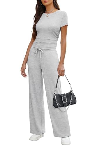 WIHOLL Lounge Sets for Women 2 Piece Vacation Outfits Short Sleeve Tops with Side Ruched Wide Leg Pants Matching Sets thumbnail 3