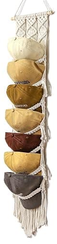 Clysuply Boho Baseball Cap Hanger-1 Pack-Macrame Hat Organizer for Ball Caps Holder Over Door, Hat Rack for Wall, Cap Rack for Decoration and Display, Boho Handmade Cap Display 7 caps （cream thumbnail 9