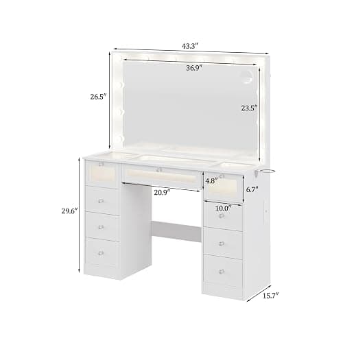 IFSEB Makeup Vanity Desk with Lights and Large 36.9’’ Mirror, 9 Drawers Light Up Vanity with 3 Color Hollywood Bulbs, Glass Top Make Up Table with Charging Station & Crystal Knobs for Woman, White thumbnail 2