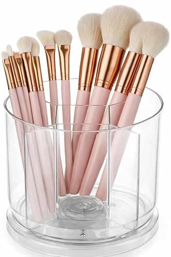 SSYYGET 360° Rotating Makeup Brush Holder Organizer, Clear Spinning Pen & Pencil Holder for Desk, Countertop Vanity Storage Cup with 5 Slots, Round Cosmetic Brush Stand - Image 1