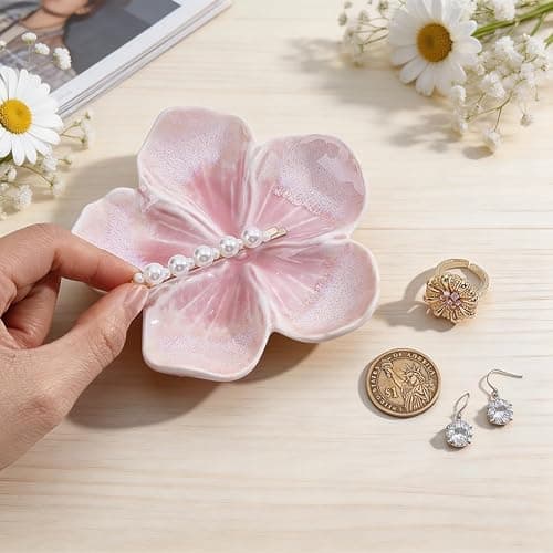 EVERJOYCRAFT Ceramic Jewelry Dish Tray Small Trinket Tray Aesthetic Nightstand Room Decor Ring Holder Flower Shape Elegant Jewlery Plate Bowl for Christmas Birthday Gifts for Women (Blush Pink) thumbnail 2