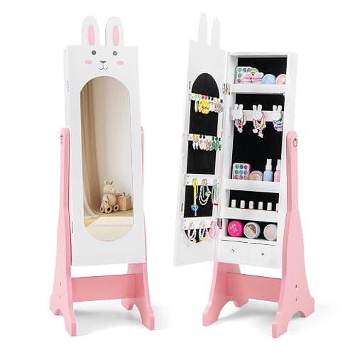 CHARMAID Kids Mirror Jewelry Cabinet - 45" Standing Jewelry Armoire with Full Length Mirror, Bunny Shaped Vanity Dressing Mirror for Girls, Kids Jewelry Organizer with Storage Drawers (White) - White - Image 1
