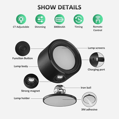 Lightbiz LED Wall Mounted Lights 2 Pcs with Remote, Wall Sconces Lamp 3000mAh Rechargeable Battery Operated, 3 Color Temperatures & Dimmable Magnetic 360° Rotation Cordless Light for Bedroom Bedside - Black-3 Color Temp Light - 2 Pcs thumbnail 6