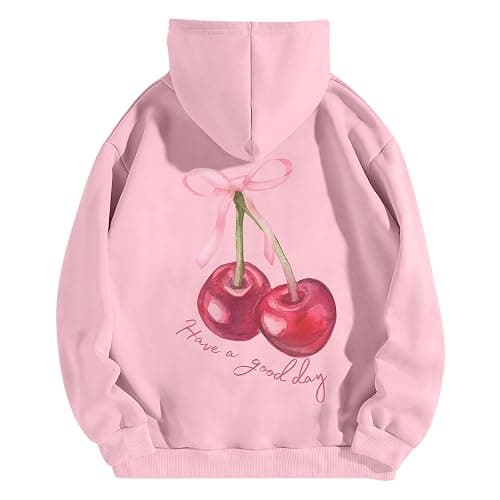 Tuislay Womens Cute Cherry Graphic Hoodie Ribbon Bow Printed Sweatshirt Drop Shoulder Aesthetic Pullover Hoodies With Pocket - Image 1