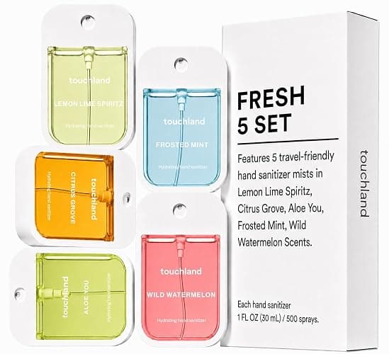 Touchland Fresh 5 Hydrating Hand Sanitizer Spray Set Travel Size | TSA ready Power Mist with skincare benefits. Frosted Mist, Citrus Grove, Lemon Lime, Aloe You and Wild Watermelon. thumbnail 3