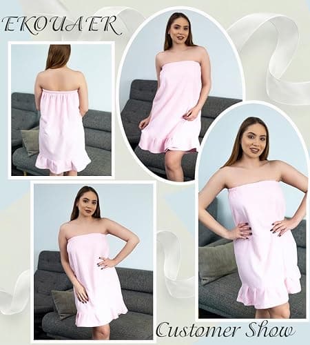 Ekouaer Towel Wrap for Women With Velcro Ruffle Shower Wrap Spa Robes For Women Lightweight Knee Length Sauna Robe thumbnail 2
