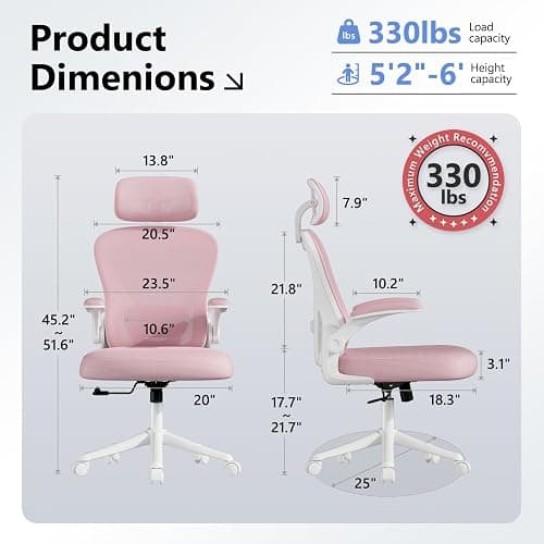 SeekFancy Ergonomic Office Chair M903, Computer Desk Chair with Wheels, High Back Mesh Office Chair with Adjustable Lumbar Support, Headrest, Flip-Up Armrests, Pink thumbnail 2