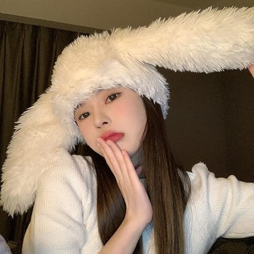 HENWASAI Y2K Fuzzy Bunny Hat for Women Cute Furry Beanie with Ears | Long Rabbit Ears Hat for Festival, Easter, Rave Party thumbnail 2