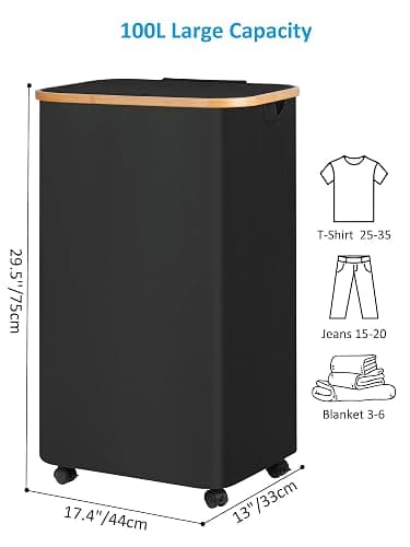 efluky Laundry Basket with Wheels, Tall Rolling Laundry Hamper with Lid and Removable Bag, Aesthetic Dirty Clothes Hamper on Wheels for Laundry Room, Bedroom, Dorm and Bathroom, 100L Black thumbnail 3