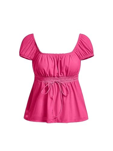 SOLY HUX Women's Short Sleeve Babydoll Tops Cute Summer Blouse | Peplum Top for Teen Girls, Square Neck, Lace Tops, Summer T Shirts thumbnail 2