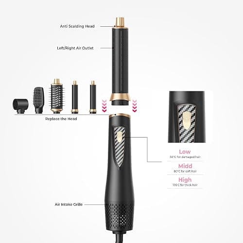 Atopskins 5 in 1 Blow Dryer Brush Set, 1000W Professional Hot Air Styler, Ionic Hair Dryer Brush, 3 Heat Settings, Auto Curling, Fast Drying, Ideal Hair Styling Tools Gift for Women, Black thumbnail 9