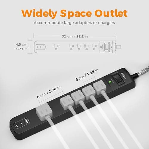 2 Pack Surge Protector Power Strip - USB C Power Strip, Flat Extension Cord with 5 Widely 3 USB (2 USB-C) Ports, Desktop Charging Station for Home Office College Dorm Room Essentials thumbnail 3