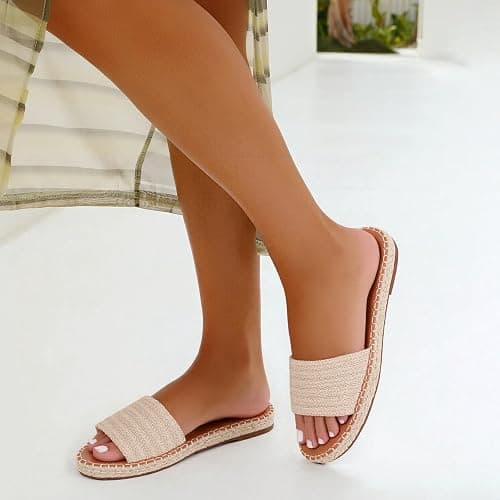 Tscoyuki Womens Flat Sandals Dressy Summer Slip On Resort Womens Sandals Raffia Beach Sandals Open Toe Espadrille Slides thumbnail 3