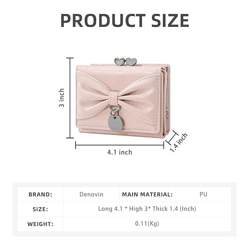 Denovin Wallet Women, Bow Pink Trifold Wallets, Small Cute Coin Purse for Woman, Coquette Credit Card Holder and Cash Bag for Ladies, Pink thumbnail 3