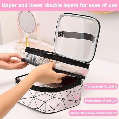 Double Layer Makeup Bag, Large Capacity Travel Cosmetic Bag, Waterproof Double Layer Makeup Bags, Portable Toiletry with Compartment Pink 23 x 17 x 16 cm thumbnail 5