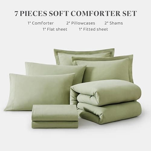 WRENSONGE Queen Comforter Set - 7 Pieces Sage Green Soft Bed in a Bag Queen with Fitted Sheet, Flat Sheet, 2 Pillow Shams, and 2 Pillowcases- Queen Bedding Sets for All Season thumbnail 8