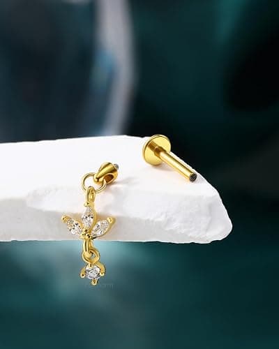 COCHARM 16G Flower Cartilage Earring Vertical Helix Piercing Jewelry, Flat Back Piercing Stud for Cartilage, Dangle Design, Gold and Silver Tone Lobe Helix Earring Stud thumbnail 5