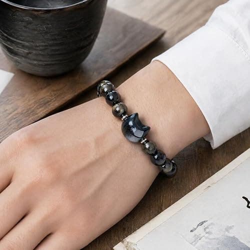 Beaded Bracelets for Women, Black Obsidian Money Attraction Bracelet, 8mm Healing Relax Anxiety Luck Crystal Bead Bracelets, Adjustable Jewelry Feng Shui Stretch Bracelet Cat Lover Gifts for Women Men thumbnail 3