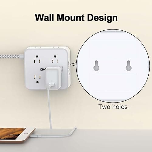 Surge Protector Power Strip - CHCORE 5Ft Braided Extension Cord with 8 Outlets with 4 USB (2 USB C) Charging Ports, Flat Plug Multi Plug Outlet Extender Charging Station for Home Office, ETL, White thumbnail 5