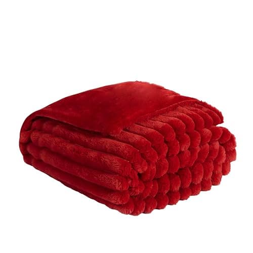 OHS Throws for Sofa Ribbed Faux Fur, Decorative Thick Soft Blanket Bed Throw Cosy Warm Winter Blanket Throws for Sofa Decorative Couch Cover, 125 x 150cm - Red - Red - 125 x 150cm - Image 1