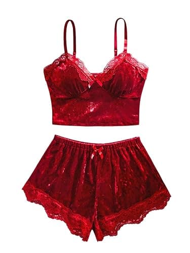 SOLY HUX Women's Lace Velvet Pajama Set Camisole Crop Tops and Shorts Lingerie Sleepwear Loungewear - Image 1