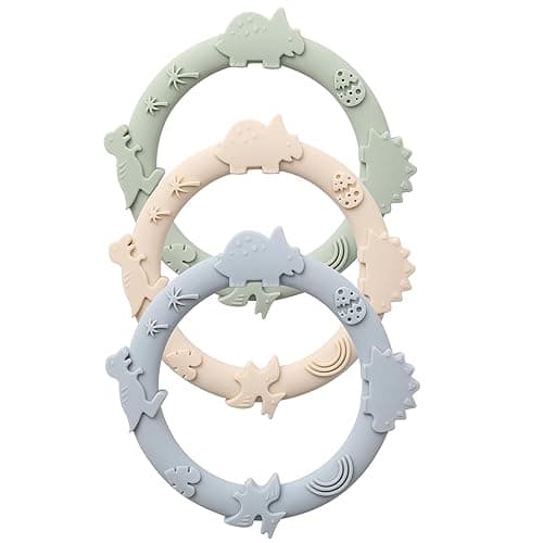 YIVEKO Silicone Teethers for Babies 0-6 6-12 Months Teething Toys for Infants Baby Chew Toys for Sucking Needs Baby Teething Rings for Infant Boys and Girls 3 Pack-Dinosaur-Blue - Dinosaur-Ivory+Baby Blue