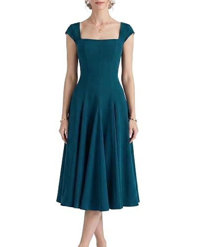 OXP Women's 2026 Summer Elegant Square Neck Cap Sleeve Midi Cocktail Semi Formal Dress for Wedding Guest Evening Party - Image 1
