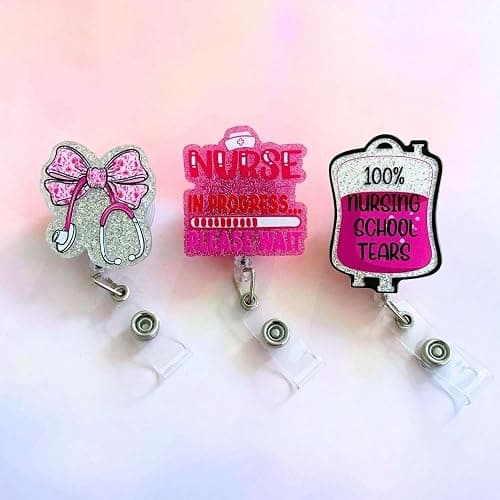 3PC Future Student Nurse Badge Reels Bundle Set Nursing School Reel Holder ID Card Name Tag Retractable Clip Pink Girly Nurses in Progress Tears Bow RN CNA MA IPN Medical Assistant Gifts Supplies thumbnail 5
