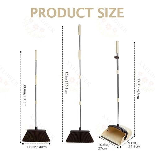 XXFLOWER Broom and Dustpan Set with Long Handle, Heavy Dust Broom and Dustpan Combo for Home，Kitchen, Office, Pet Hair(Beige) thumbnail 3