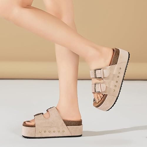 BiuYorBTY Women's Platform Clogs Sandals Cork Footbed with Comfort Double Buckles, Summer Platform Slides Mules, Summer Beach Comfort Wide Widths Availab thumbnail 3