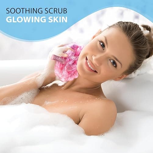 SHOWER BOUQUET Pink-Loofah Bath-Sponge XL 4-Pack // Extra Large 75g Soft Mesh Net Pink Loofa Loufa Luffa Lufa Puff Set/Exfoliating Body Scrubber for Women and Men - Exfoliate & Soothe Face & Body thumbnail 4