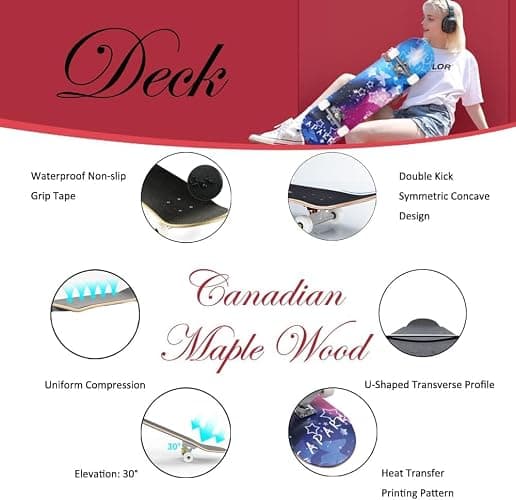 CAPARK Skateboards for Beginners Adults Youths Teens Kids Girls Boys 31 Inch Pro Complete Skate Boards 7 Layer Canadian Maple Double Kick Concave Longboards thumbnail 3