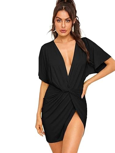 Floerns Women's Deep V Neck Twisted Plunging High Slit Mini Party Dress - Large - A Black Pure