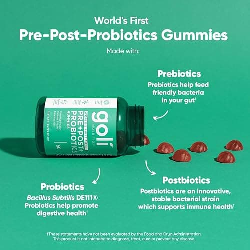 Goli Nutritional Supplement, Pre+Post+Probiotics Gummy - 60 Count - World's First 3-in-1 Gluten-Free, Vegan, Non-GMO, and Gelatin-Free. thumbnail 2