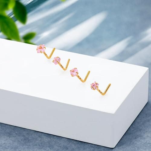 ALACLO 14K Gold Filled 4Pcs Nose Studs 20G Gold Nose Rings Studs for Women Men L Shaped Nostril Piercing Jewelry Hypoallergenic thumbnail 6