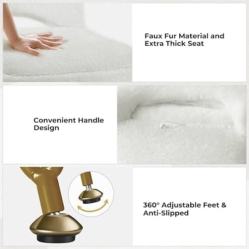 Greenstell Vanity Stool Chair with Storage and Folding Back, 13.4" L x15 W x 30.0" H Square Soft Ottoman, 4 Metal Legs with Anti-Slip Feet, Furry Padded Seat for Makeup, Bedroom, White thumbnail 7