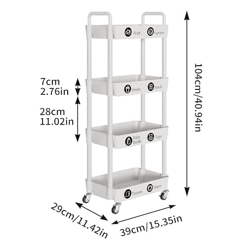 Laiensia 4-Tier Storage Carts,Multifunction Utility Rolling Cart Kitchen Storage Organizer,Mobile Shelving Unit Cart with Lockable Wheels for Bathroom,Laundry,Living Room,With Classified Sticker,White thumbnail 3