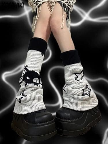 heyheyshine Y2k Star Skull Print Two Side Wear Knitted Leg Warmers Socks Punk Girls Japanese Kawaii Streetwear Leg Cover thumbnail 2