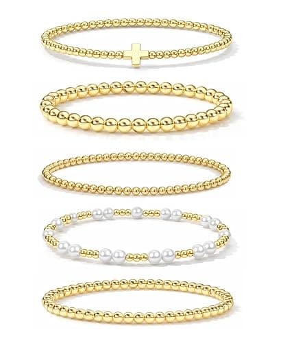Fohufo Gold Bracelets for Women Jewelry - Easter Basket Stuffers, Cross/Pearl/Beaded Bracelets Set, Dainty 14K Gold Plated Beaded Bracelets Stack, Birthday Easter Gifts for Women - Image 1